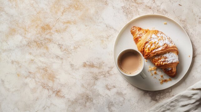 A delicious chocolate croissant with a cup of coffee. Featuring indulgence and breakfast