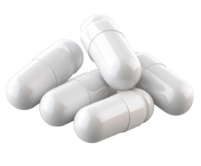 Five white capsules rest in a neat pile on a surface, illuminated by bright light. The shiny exterior reflects the light, emphasizing their cylindrical shape and sleek design