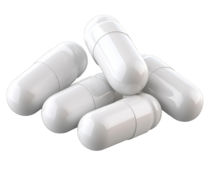 Five white capsules rest in a neat pile on a surface, illuminated by bright light. The shiny exterior reflects the light, emphasizing their cylindrical shape and sleek design