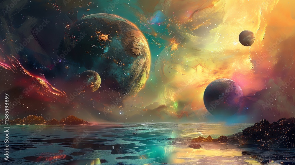 Poster the image is a beautiful depiction of a distant planet. the planet is surrounded by a colorful nebul
