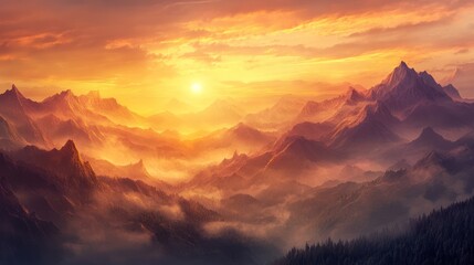 Fototapeta premium Majestic Sunrise Over Misty Mountains