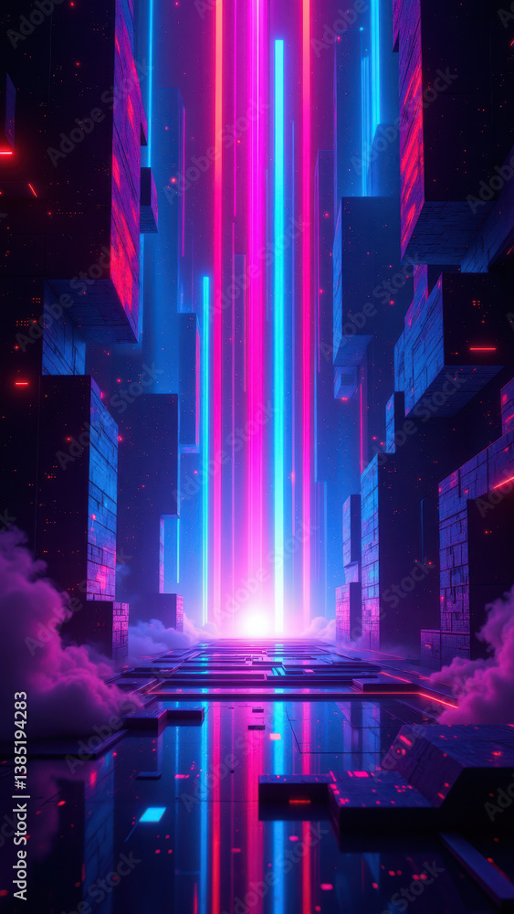 Poster futuristic cybersecurity interface with a neon-lit tunnel leading to an unknown destination, reflect