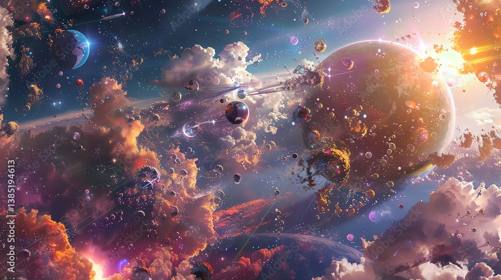 Poster an ethereal dreamscape of swirling clouds and floating planets.