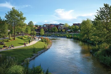 Fototapeta premium People enjoying a riverside park with lush green trees and water