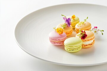 A dessert plate featuring macarons in pastel colors with floral decorations. Featuring elegance and sweetness