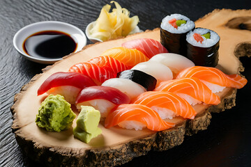 a visually stunning, high-resolution food photograph featuring a beautifully arranged sushi platter with an assortment of nigiri and maki rolls, alongside delicate slices of fresh salmon sashimi