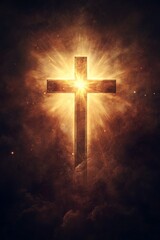 Fototapeta premium Christian cross shining with bright light in cloudy sky