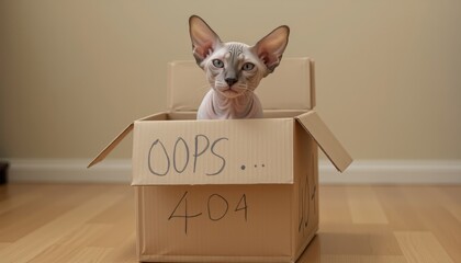 Cat looking surprised in a cardboard box with a funny message  