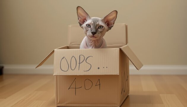 Cat looking surprised in a cardboard box with a funny message  