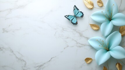 Pastel Flowers, Butterfly on Marble