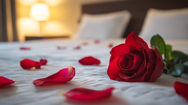 Red rose and petals lying on hotel bed