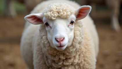 Obraz premium Close-up of a white Qurbani sheep with thick wool on straw, soft barn backdrop, symbolizing cultural tradition.