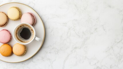 A dessert platter with macarons and coffee. Featuring elegance and sweetness