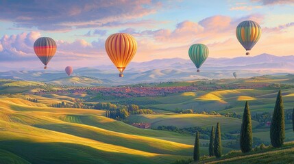 Fototapeta premium Colorful hot air balloons soar over Tuscany's rolling hills at sunrise.