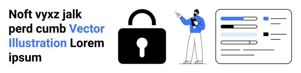 Padlock representing security, man delivering a presentation, and digital data dashboard. Ideal for cybersecurity, data privacy, technology systems, information access, user interface, presentations
