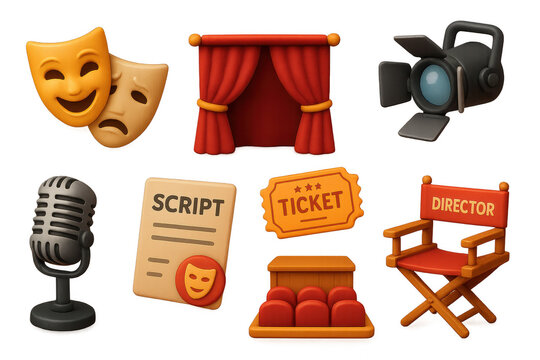3d theater icons: comedy masks, stage curtains, and movie seats in simple composition