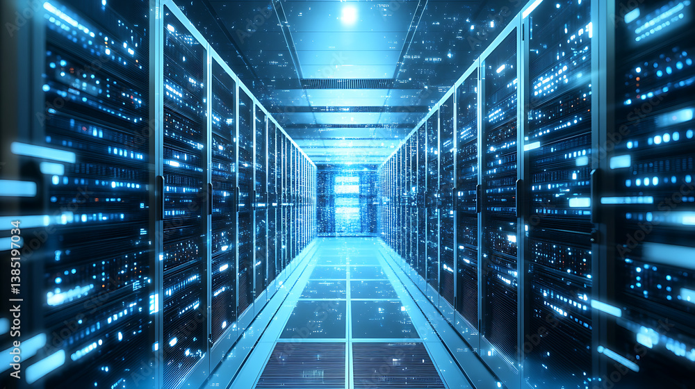 Poster an ai powered system monitoring and optimizing the performance of cloud data centers, server room wi