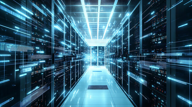 An AI powered system monitoring and optimizing the performance of cloud data centers, server room with real-time performance data and predictive analytics, Cloud technology style