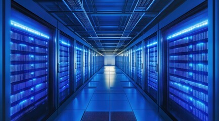 Fototapeta premium Rows of servers fill this data center, showcasing advanced technology and efficient design, illuminated by vibrant blue LED lights