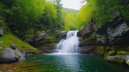 Fototapeta premium A hidden woodland waterfall in upstate New York, leaves drifting gently in the stream below