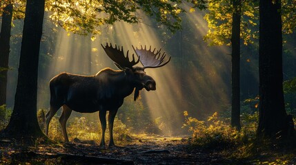 Majestic moose in sunlit forest path