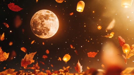 Autumn Leaves, Lanterns, and Moonlit Night