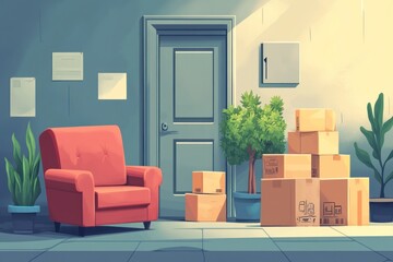 Office hallway, moving boxes, interior, sunlight streaming
