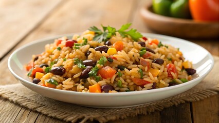 Colorful Rice Pilaf with Mixed Grains, Beans, and Vegetables on White Ceramic Plate