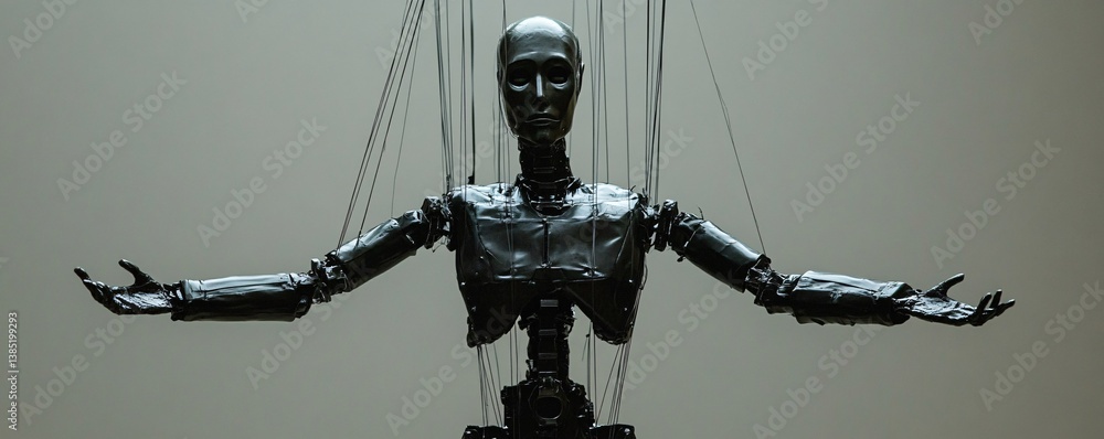Poster Black robot puppet hanging with strings controlling its body