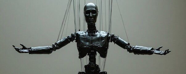 Black robot puppet hanging with strings controlling its body