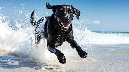 Black labrador retriever dog running and splashing in ocean waves