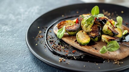 A dish of roasted Brussels sprouts with crispy edges, drizzled with balsamic glaze. Featuring texture and health