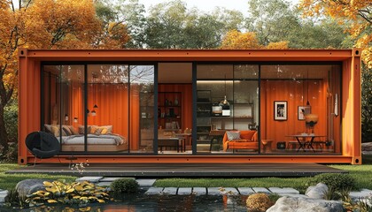 Modern Orange Container Home in Autumnal Setting