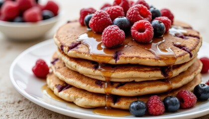 The homemade berry pancakes are bursting with freshness, with a medley of ripe berries nestled between each fluffy layer
