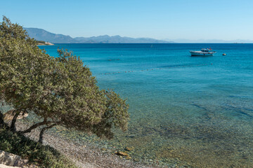 View to Mediterranean coast of Datca peninsula. Mugla region, Turkey. Mountains in the distance