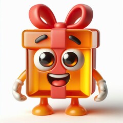 Cute character 3D image of a jelly gummy candy gift box shape with a big eye, funny laughing, hands, and legs on a white background