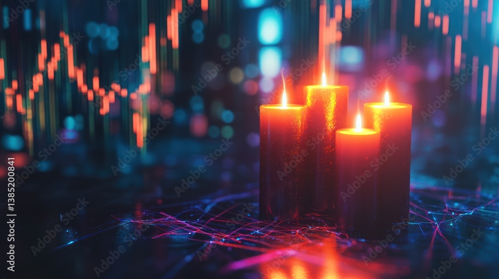 Poster candles burning on a dark surface with financial data background. possible stock photo use