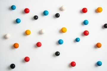 Colorful spheres scattered across a smooth white surface uniformly