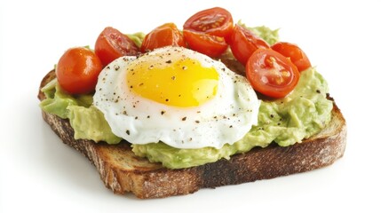 A fresh avocado toast topped with a poached egg and cherry tomatoes. Featuring freshness and flavor