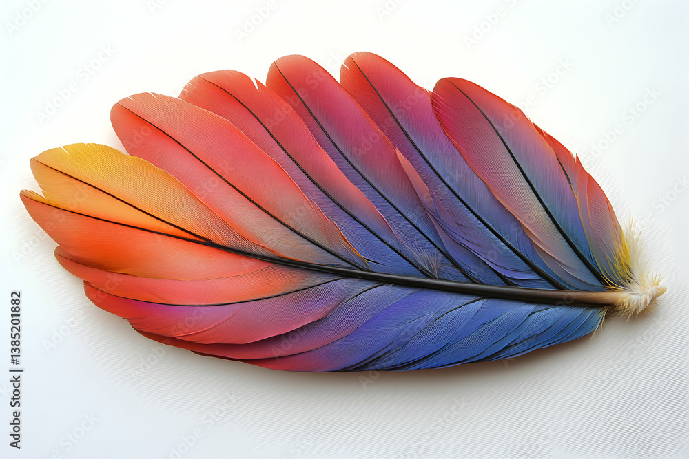 Poster close-up of a colorful macaw feather with vibrant textures and gradient hues against a pristine whit