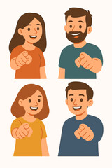 Obraz premium Four Friends Pointing and Smiling in Colorful Illustrations 
