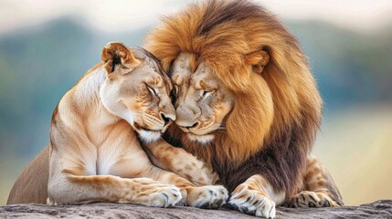 A lion and lioness rubbing their heads together in a tender moment of affection