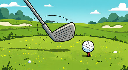 Golf club swinging at a ball on a green golf course  