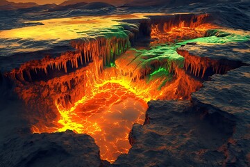 A molten desert pass drowning in fiery cascades of orange and green, surrounded by radiant sands glowing faintly.