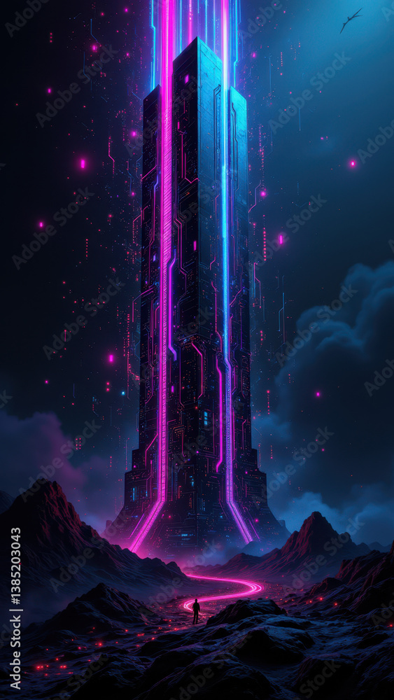 Poster a futuristic cybernetic cityscape with a focus on cybersecurity and network architecture.
