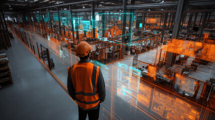 Manufacturing supervisor overseeing production line interface, quality control metrics, assembly automation, material flow tracking, efficiency optimization, maintenance scheduling  