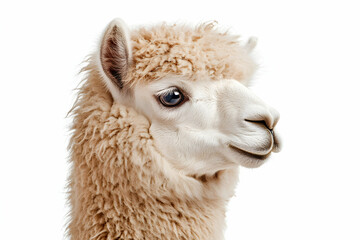 Obraz premium Close-up Portrait of a Fluffy Alpaca with a Curious Expression Against White