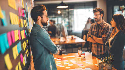 Marketing team brainstorming campaign concepts in a creative agency with collaborative workspace.  
