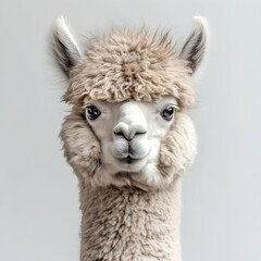 Obraz premium Close-up Portrait of a Fluffy Alpaca with a Curious Expression on White