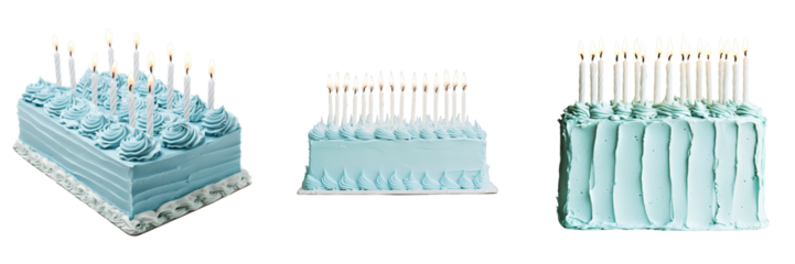 A rectangular birthday cake with blue frosting and lit candles.